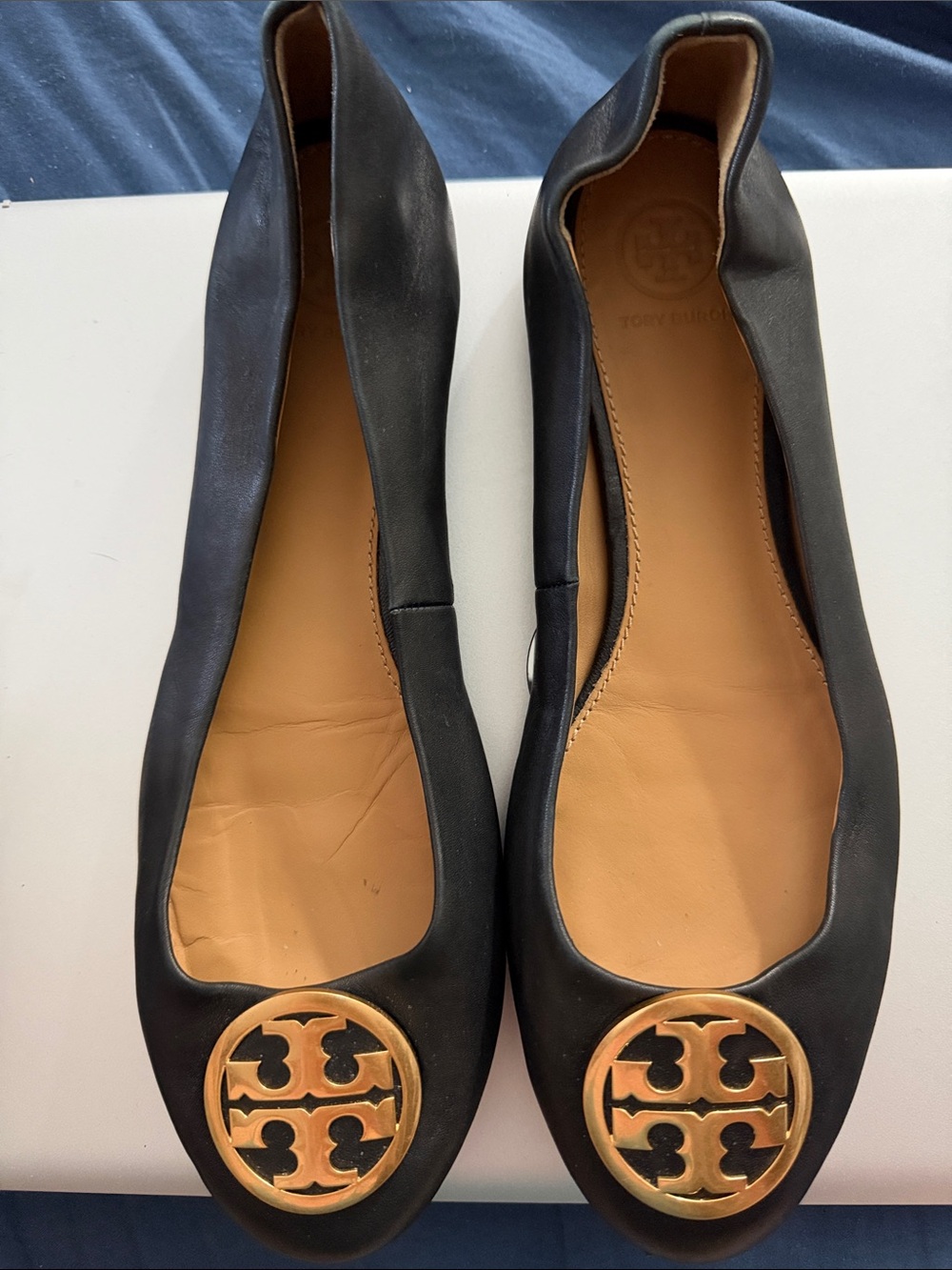 Tory Burch 8.5 Black Leather Logo Ballet Flats